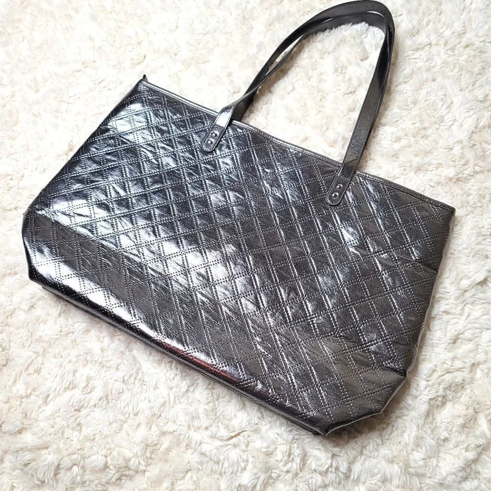 B&BW Large Quilted Metallic Silver Shopper Tote